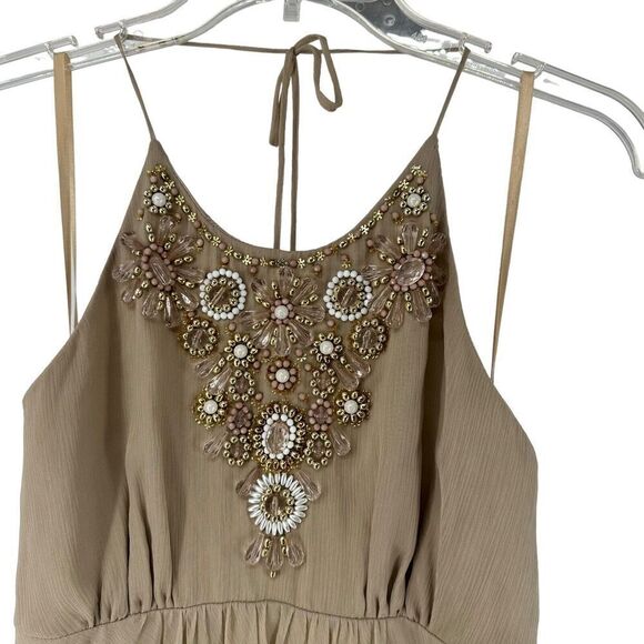 Milly Silk Beaded Halter Dress Knee Length Beige Formal Size 2 Party Cocktail - Picture 2 of 15